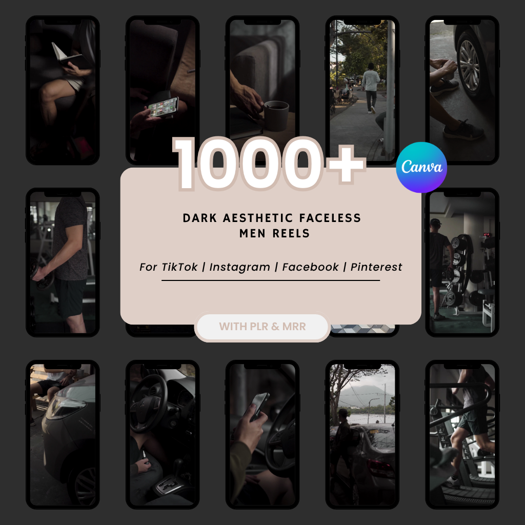 1000+ Faceless Men Reels Dark Aesthetic With Done For You Content Digital Marketing Videos With Master Resell Rights, MRR/PLR, Canva
