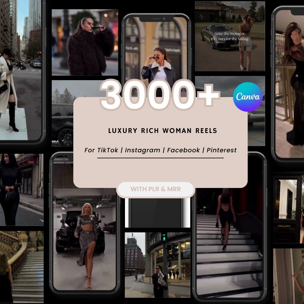 3000+ Luxury Rich Woman Reels for Instagram, Faceless Digital Marketing Videos, Master Resell Rights, MRR/PLR, Canva